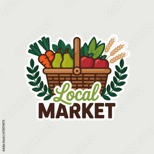 This beautifully illustrated image showcases a basket brimming with fresh, colorful produce, perfect for promoting local markets and healthy eating initiatives.