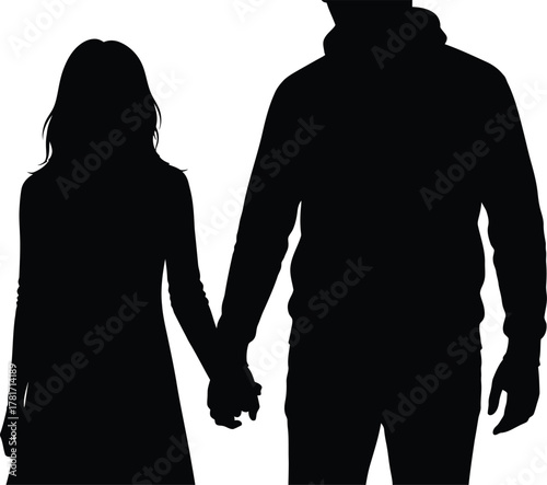 Silhouette of a couple holding hands, isolated on white background the figures are black against a white backdrop, creating a stark contrast