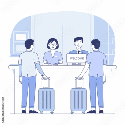 Two travelers check-in at a hotel reception desk, reflecting the welcoming experience and new adventures awaiting them during their stay in the city.