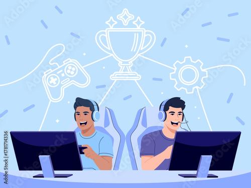 Two animated characters joyfully immersed in gaming, surrounded by playful design elements that highlight their skill and excitement, embodying the spirit of competitive gaming.