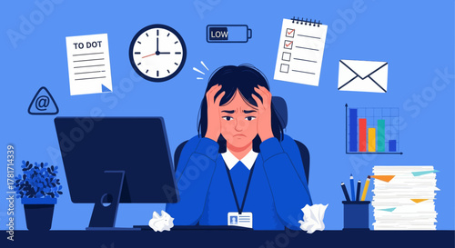 Stressed office worker overwhelmed by deadlines, emails, and tasks at a desk. Modern workplace illustration showing burnout, workload pressure, time management issues, and job stress.