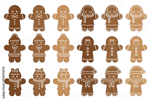 Set of Christmas cookies in cocoa, coffee, and vanilla flavors, decorated with white icing as gingerbread man. Perfect for holiday design projects and bakery themes.