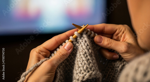 Hands knitting soft scarf in front of movie screen, symbolizing DIY cinema and mindful creativity