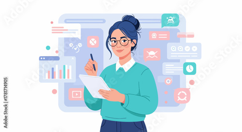 Modern businesswoman using digital tablet surrounded by charts, messages, and data icons. Concept of technology, productivity, and online communication illustration.