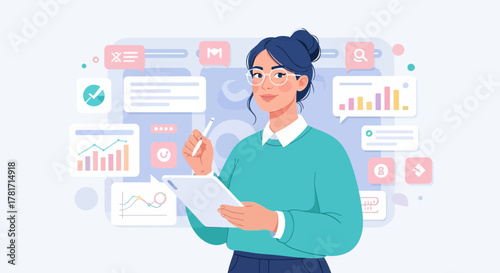 Modern businesswoman using digital tablet surrounded by charts, messages, and data icons. Concept of technology, productivity, and online communication illustration.