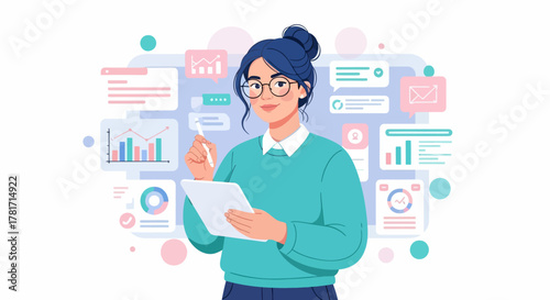Modern businesswoman using digital tablet surrounded by charts, messages, and data icons. Concept of technology, productivity, and online communication illustration.