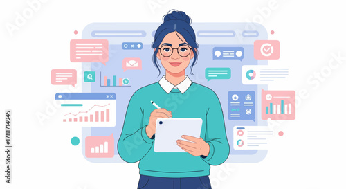 Modern businesswoman using digital tablet surrounded by charts, messages, and data icons. Concept of technology, productivity, and online communication illustration.