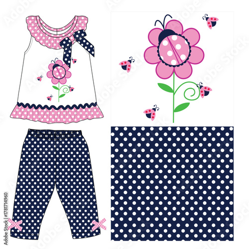 baby girls frocks  with leggings flower  lady bug  print vector