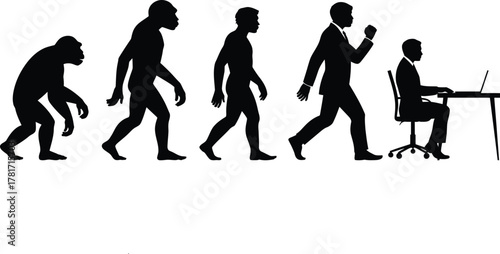 Human Evolution to Office Worker Silhouette Graphic: Primitive Man to Modern Business Employee