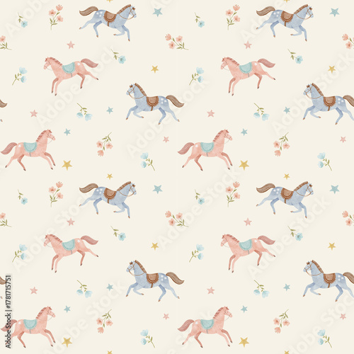 Pattern with cute horses in soft watercolor style, pastel colors for baby and kids room. Seamless gentle design with flowers perfect for nursery decor and prints