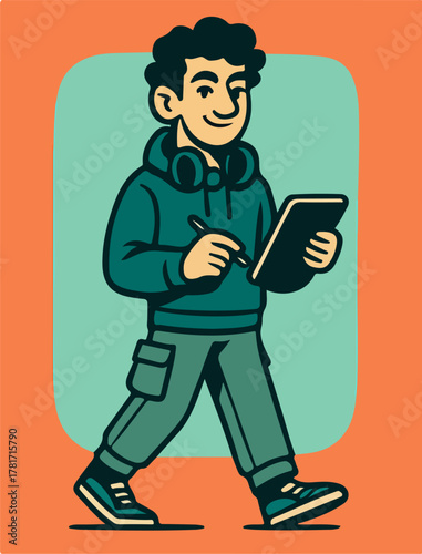 Teen Boy In Hoodie Checking Smartphone While Walking Friendly Urban Character