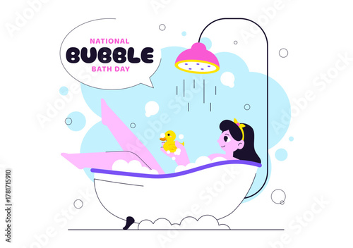 National Bubble Bath Day Vector Illustration Featuring Relaxing Spa Bath Scene with Bubbles, Towels, Candles, and Self Care in Flat Cartoon Style