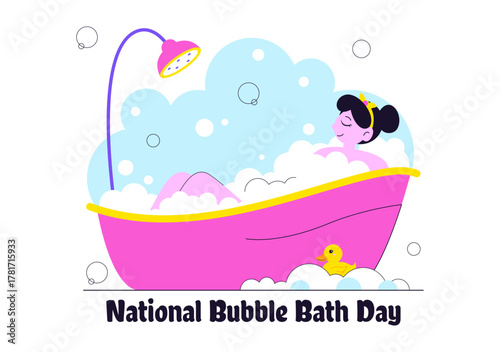 National Bubble Bath Day Vector Illustration Featuring Relaxing Spa Bath Scene with Bubbles, Towels, Candles, and Self Care in Flat Cartoon Style