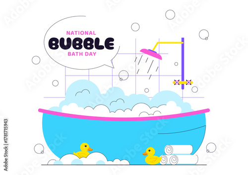 National Bubble Bath Day Vector Illustration Featuring Relaxing Spa Bath Scene with Bubbles, Towels, Candles, and Self Care in Flat Cartoon Style