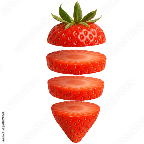 Sliced Fresh Strawberry Flying in the Air Isolated on White Background