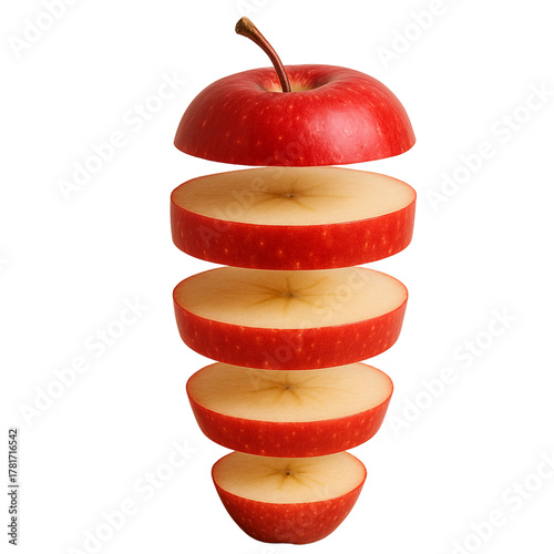 Red Apple Slices Flying Isolated on White Background