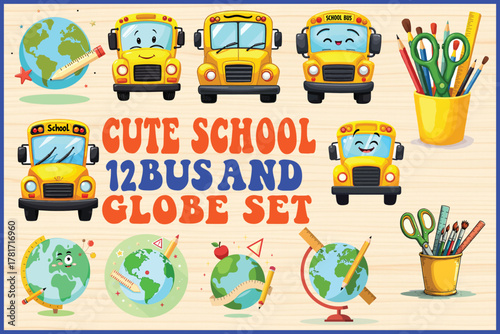 School buses and globes are cheerful and bright