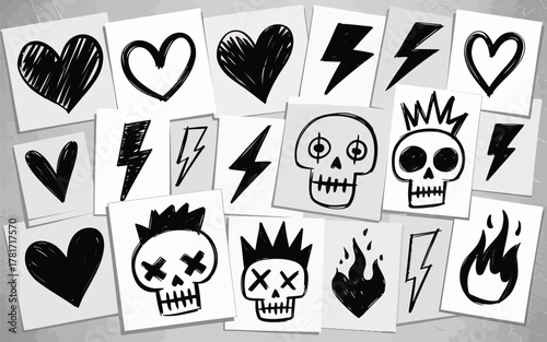Doodle punk rock symbols on paper