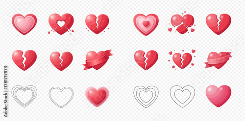 Collection of red and pink heart icons in various styles, including whole, broken, and outlined designs, suitable for love and romance themes.