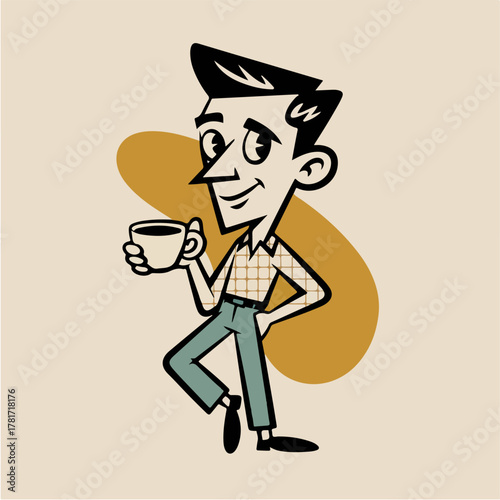 Coffee Loving Office Guy With Retro Smile Casual Character Illustration