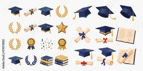Collection of graduation ceremony elements including mortarboard caps, diplomas, laurel wreaths, medals, and books, symbolizing academic achievement and success.