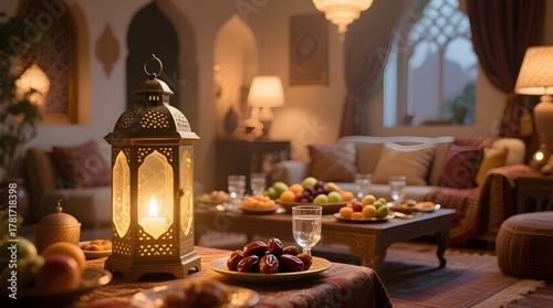 Ramadan Iftar Table with Lantern and Dates