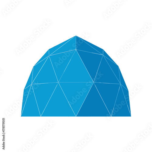 Blue geodesic dome structure with triangular facets on a white background.