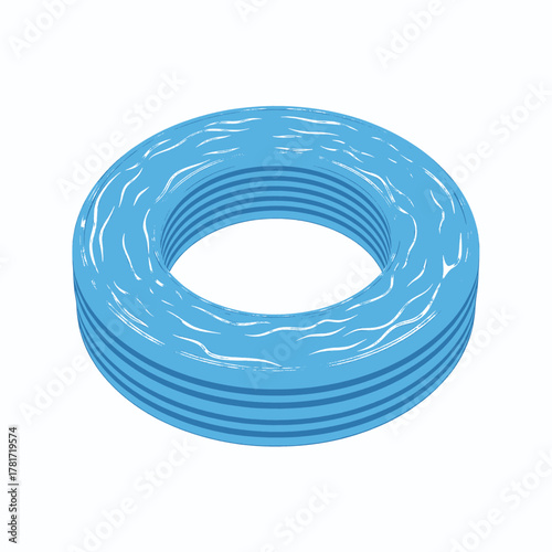 Illustration of a blue inflatable swim ring with horizontal lines and white wavy patterns.