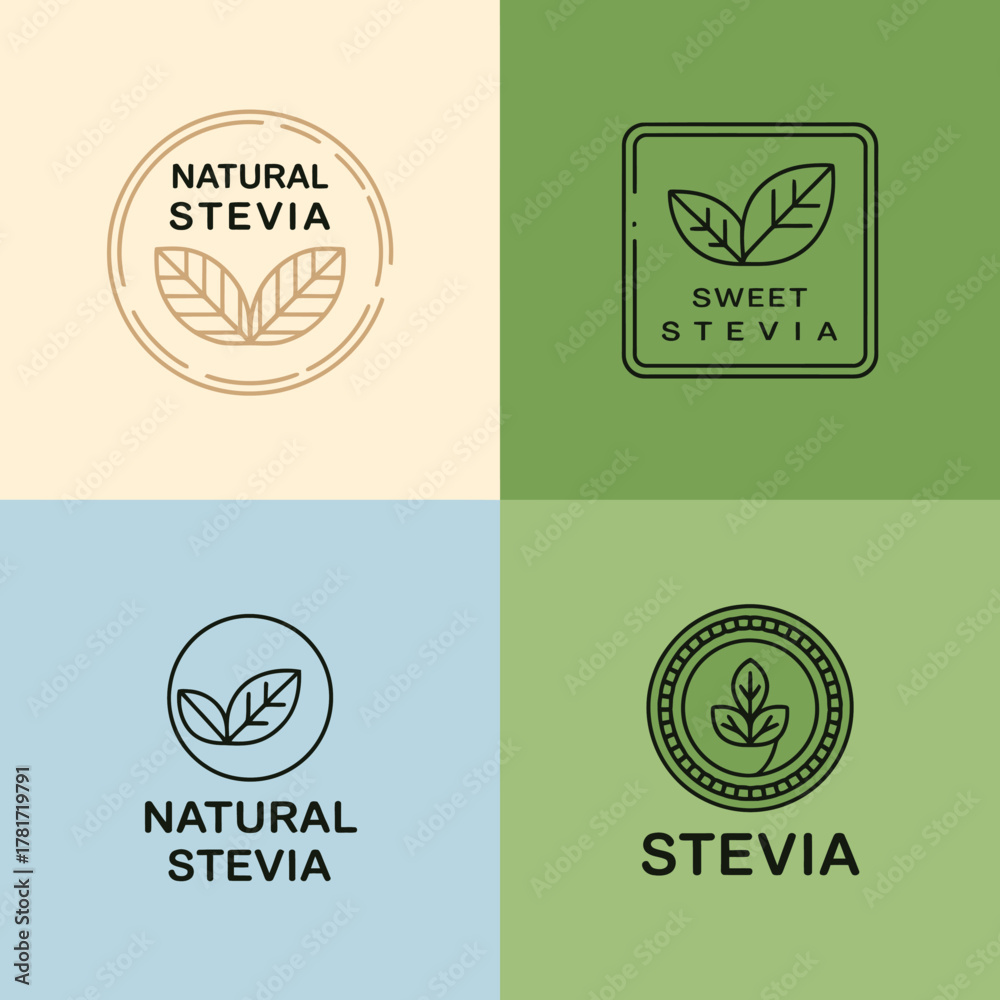 Obraz premium This image showcases four unique logos centered around stevia, highlighting aesthetics that combine natural elements with modern design for health-conscious consumers.