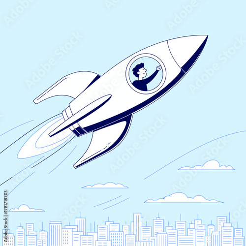 A sleek rocket is depicted launching into the sky, symbolizing ambition and exploration while flying above a modern cityscape filled with skyscrapers and clouds.