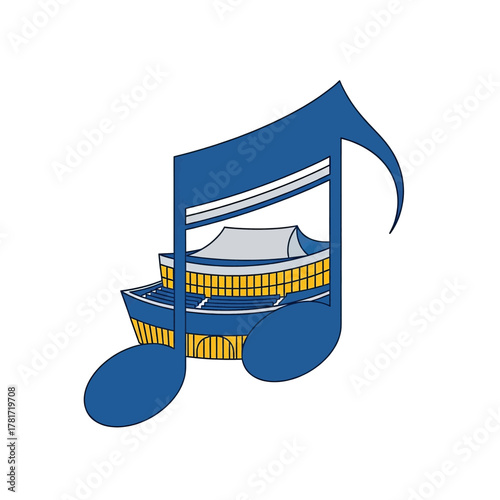 A blue musical note with a stadium inside, on a white background.