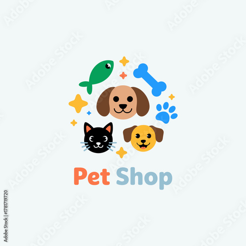 This vibrant logo features playful animal icons, including a dog, fish, and paw prints, symbolizing joy and companionship in a pet shop environment.