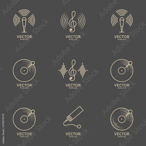 An elegant set of music icons that represent sound elements, perfect for use in audio projects, design graphics, and visual content focusing on music themes.