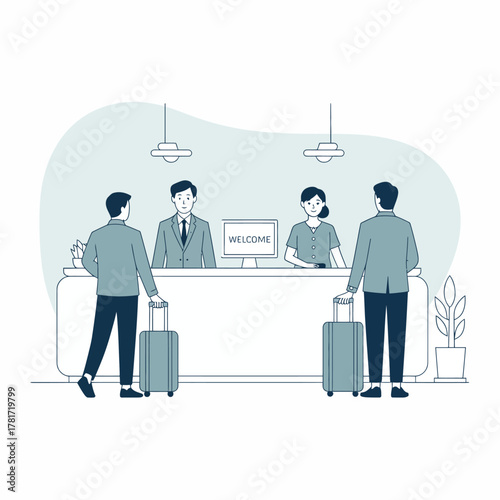 A warm hotel reception scene where guests are checking in with their luggage, being greeted by polite staff at the front desk highlighting hospitality and service experience.
