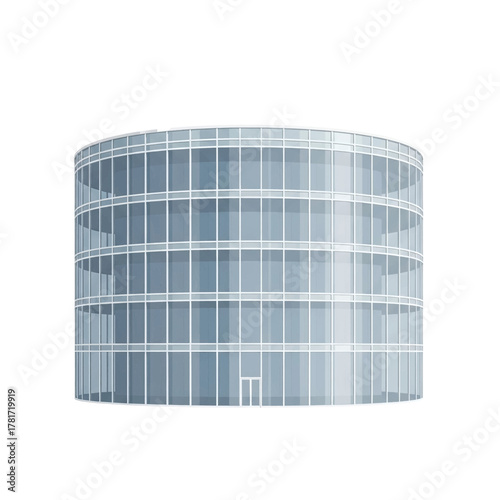 Modern multi-story cylindrical office building with a glass facade isolated on a white background.