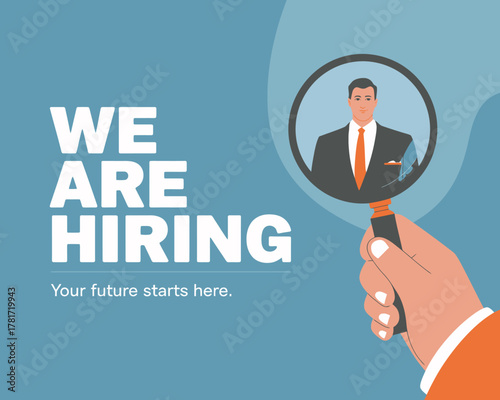 This artistic portrayal emphasizes future career opportunities with a hiring message, showing a confident candidate in a magnifying glass to symbolize growth and exploration.