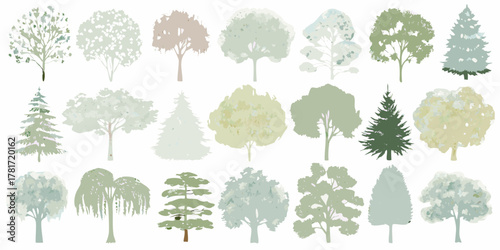 Collection of diverse stylized trees in various shades of green and muted earth tones on a white background