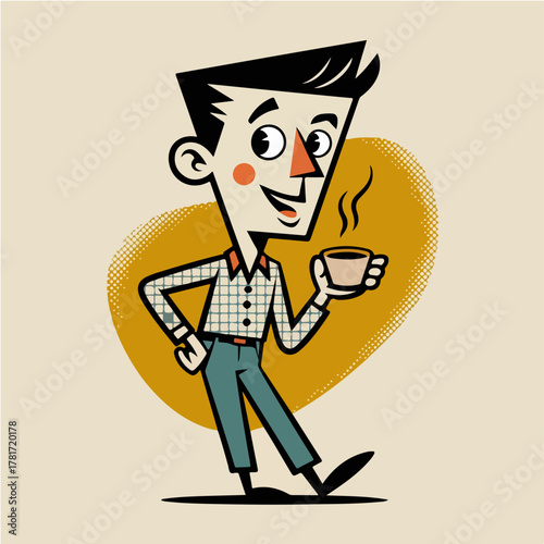 Confident Coffee Guy With Bright Gesture Casual Retro Character For Branding