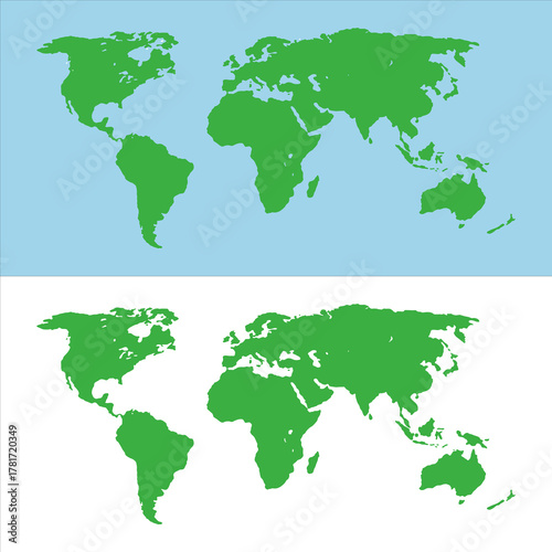 Green World Map Silhouette Showing All Continents On Two Backgrounds