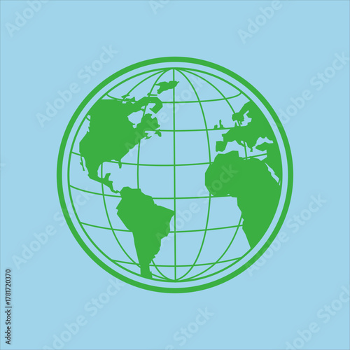 Green Earth Globe Icon With Grid Lines On Blue Background