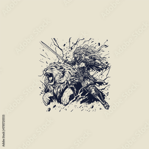A high-contrast black and white sketch illustration depicting a fierce female warrior, clad in detailed armor and holding a long sword, riding dynamically atop a powerful, roaring lion