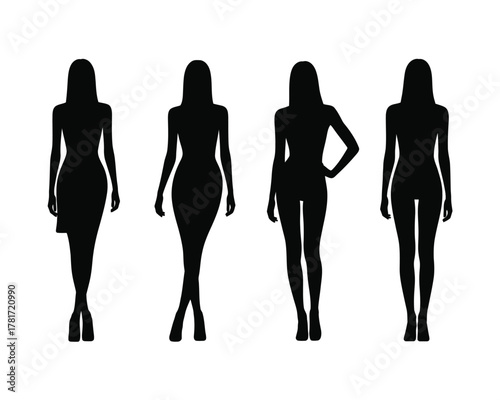 Four Female Fashion Silhouettes Representing Different Body Types and Poses
