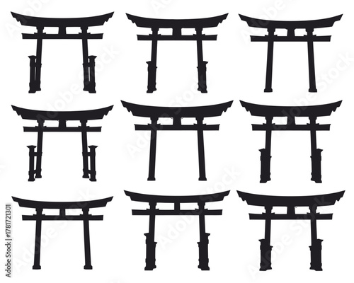 Japanese Torii Gates Silhouette Collection - Traditional Shrine Icons Vector Set