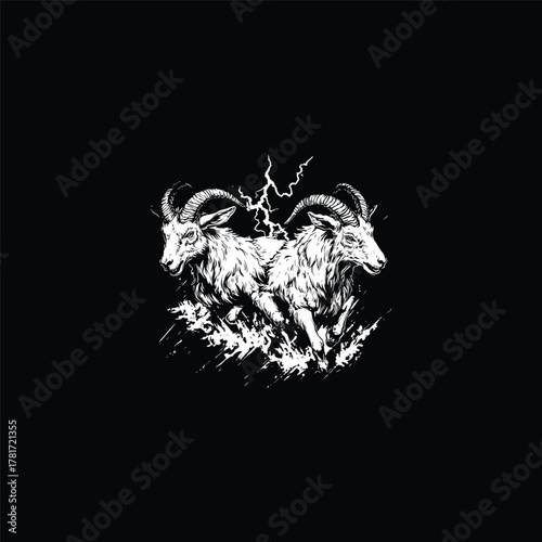 A powerful, high-contrast black and white illustration of two fierce, horned mountain goats fighting or running aggressively, set against a dark background with a central lightning bolt