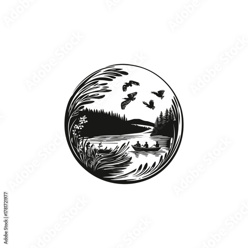 Vintage circular engraving-style illustration of a peaceful lakeside nature scene featuring a canoe with people paddling, flying birds, and surrounding tall grass and dense pine forest