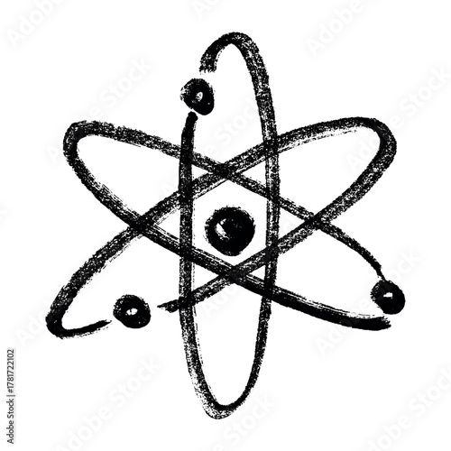 Hand drawn atom sign Molecule clipart in doodle style Single element for print, web, design, decor Symbol of science, education, nuclear energy, scientific research, molecular chemistry