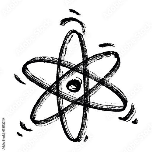 Hand drawn atom sign Molecule clipart in doodle style Single element for print, web, design, decor Symbol of science, education, nuclear energy, scientific research, molecular chemistry