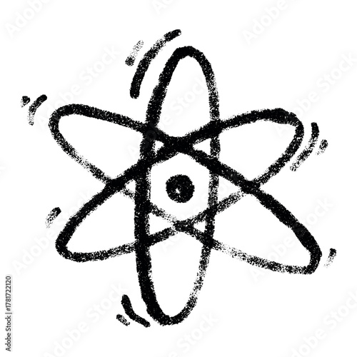 Hand drawn atom sign Molecule clipart in doodle style Single element for print, web, design, decor Symbol of science, education, nuclear energy, scientific research, molecular chemistry