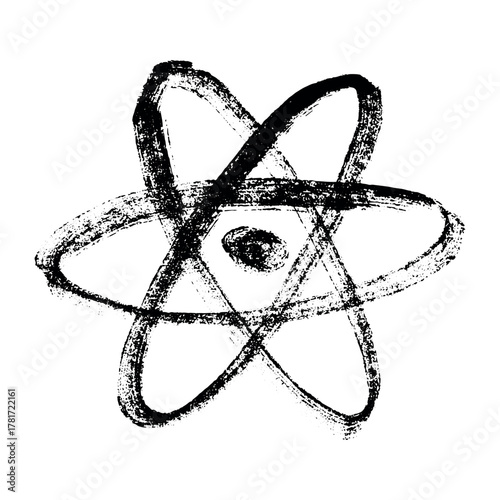 Hand drawn atom sign Molecule clipart in doodle style Single element for print, web, design, decor Symbol of science, education, nuclear energy, scientific research, molecular chemistry