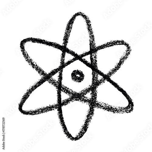 Hand drawn atom sign Molecule clipart in doodle style Single element for print, web, design, decor Symbol of science, education, nuclear energy, scientific research, molecular chemistry